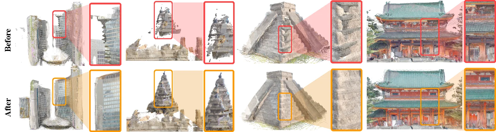 Qualitative reconstructions before and after ArchAttend for Toronto City Hall, Shore Temple, Chichen Itza, and Heian-jingu